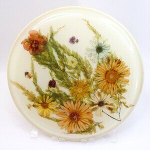 Vintage Handmade Floral Resin Epoxy Round 14.5" Hot Plate Server Dinnerware 70s